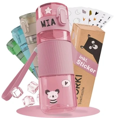 Abbildung von BJORKI Trinkflasche Kinder auslaufsicher 350ml inkl. BONUS Namenssticker Kleine für Kindergarten Kohlensäure geeignet &amp; Spülmaschinenfest Robuste Water Bottle Kids