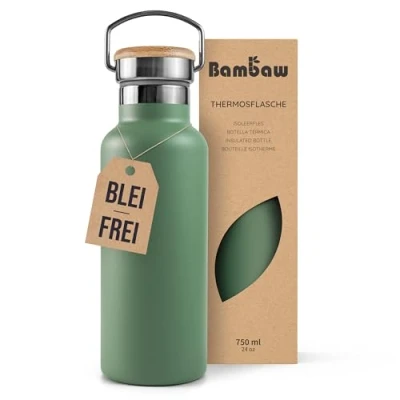 Abbildung von Bambaw Thermo Trinkflasche 750ml, Thermosflasche Grün, Edelstahl Trinkflasche, Wasserflaschen, Metall Outdoor Flasche Salbeigrün