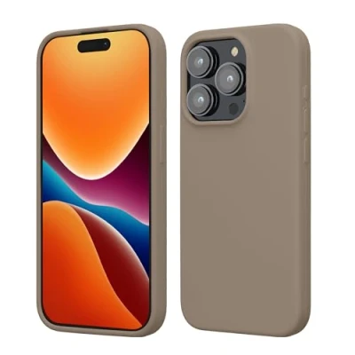 Abbildung von kwmobile Hülle für das iPhone 15 Pro Silikon Handy Case stoßfeste Handyhülle mit weicher Oberfläche Taupe