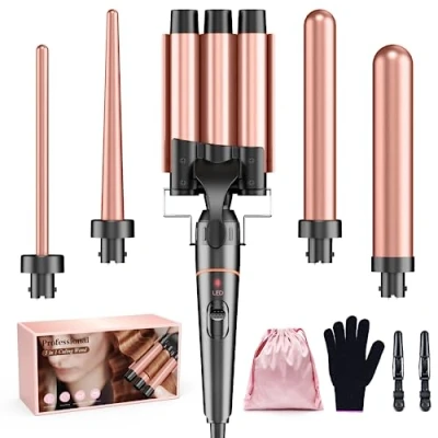 Abbildung von Lockenstäbe 3 Fässer für Große BESTOPE PRO Lockenstab set 5 in 1 Locken mit einstellbarer Temperatur Keramik Lockenwickler Verschiedenen Aufsätzen Schnelle Heizung, Handschuh, 2 Clips