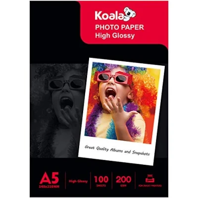 Abbildung von Koala Inkjet Hochglänzend Fotopapier DIN A5, 210 x 148 mm, 200 g/m², 100 Blatt, für Canon HP Epson Tintenstrahldrucker