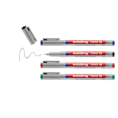 Abbildung von edding 150 S non permanent Folienschreiber 4er Set schwarz, rot, blau, grün Rundspitze 0,3 mm Stift zum Schreiben auf Glas,Kunststoff und glatten Oberflächen schnelltrocknend,mit Wasser korrigierbar
