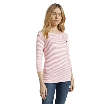 Abbildung von TOM TAILOR Damen 1024035 Longsleeve Mit Herz Stickerei Auf Der Brust, 26034 White Peach Small Stripe, XL EU