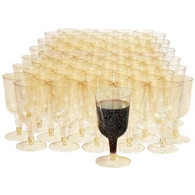Abbildung von MATANA 100 Premium Elegante Weingläser aus Plastik mit Goldglitter, 180ml Mehrweg Gold Kunststoff, Weinbecher für Hochzeiten, Geburtstage, Weihnachten &amp; Partys