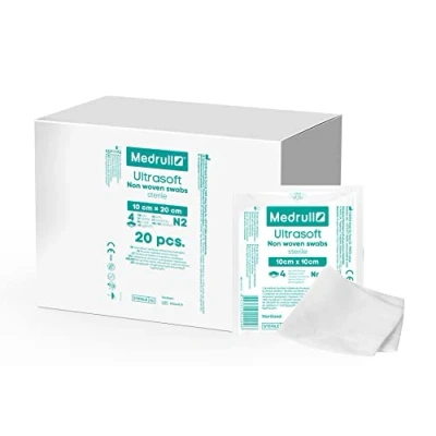 Abbildung von Medrull Kompressen nicht gewebt STERIL ULTRASOFT 4 lagig 10 x 20 cm Verpackt 2 Stück Papierbeuteln (40 Stück)