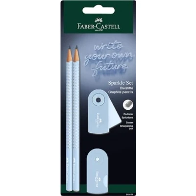 Abbildung von FABER CASTELL 218471 Bleistifte Set Sparkle, mit Spitzer, Radiergummi und 2 Bleistifte, Schreibset Sleeve in sky blue