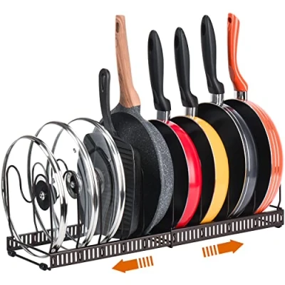 Abbildung von Toplife Verstellbarer Topfhalter, Aufbewahrung, Deckel, Topf mit 10 Fächern, Halterung aus Metall, Aufbewahrung für Küche, Pfannen, Organizer Töpfe Braun