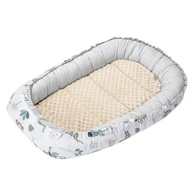 Abbildung von Medi Partners Babynest Kuschelnest Babynestchen 100% Baumwolle Nestchen Reisebett für Babys Säuglinge 100x60x15cm herausnehmbarer Einsatz (Mint Zoo mit beige Minky)