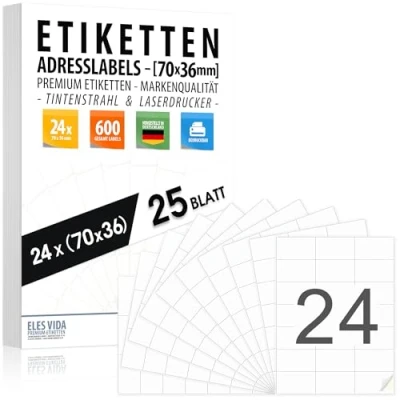 Abbildung von Adressaufkleber 70x36mm (600 Stück 25 Blatt) Selbstklebend und bedruckbar (24 pro DIN A4 Bogen) mit Inkjet Laserdrucker Aufkleber, Drucker Etiketten MADE IN GERMANY