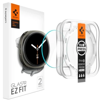 Abbildung von Spigen Glas.tR EZ Fit Schutzfolie kompatibel mit Samsung Galaxy Watch8, 44mm, 2 Stück, Nicht hüllenfreundlich, Kratzfest, 9H Härte Folie