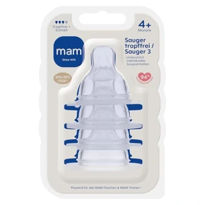 Abbildung von MAM Sauger Größe 3 + tropffrei im 4er Set, Flaschensauger (Durchflussrate schnell &amp; tropffrei), weicher Trinksauger passend für alle Flaschen Trainer, ab 4+ Monate