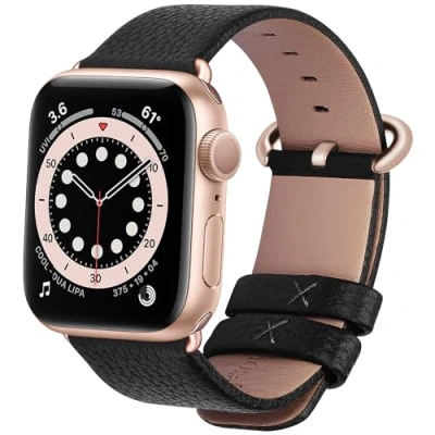 Abbildung von Fullmosa kompatibel mit Apple Watch Armband 41mm Series 9 8 7,Series SE 6/5/4 40mm,Series 3/2/1 38mm, Leder Ersatzarmband für iwatch Band, Schwarz + Roségoldene Schnalle