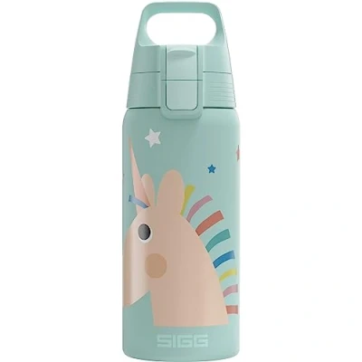 Abbildung von SIGG Isolierte Trinkflasche Kinder Shield Therm One Uni Stars Kohlensäuregeeignet Auslaufsicher Spülmaschinenfest BPA frei 90% recycelter Edelstahl Aqua mit Einhorn 0,5L