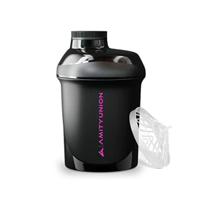 Abbildung von AMITYUNION Kleiner Protein Shaker 400 ml Schwarz Lila Deluxe ORIGINAL Eiweiß auslaufsicher für Eiweißdrinks Shakes und Diät mit Schraubverschluss Sieb BPA frei Made in Europe