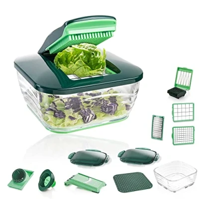 Abbildung von Genius Nicer Dicer Chef (18 teilig) Gemüseschneider mit Glasschüssel &amp; Tomaten Gemüse Schneider aus dem TV Zerkleinerer Obstschneider Zwiebelschneider Spiralschneider, Mintgrün
