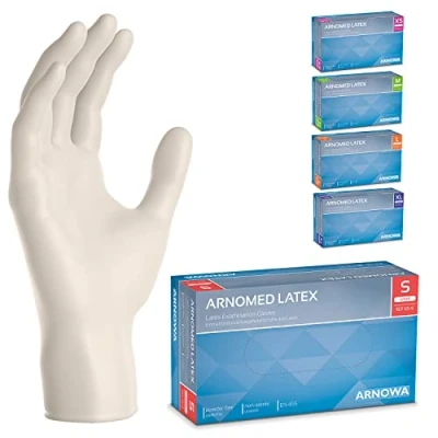 Abbildung von ARNOMED 100x Einweghandschuhe S, Latexhandschuhe Weiß (1x100 Stück), puderfrei, Handschuhe Latex Einweg, Putzhandschuhe, Handschuhe, Einmal /Einweg XS, M, L &amp; XL
