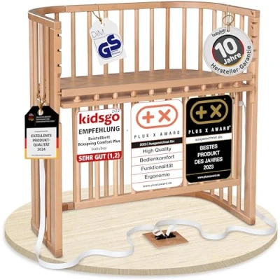 Abbildung von babybay Boxspring Comfort Plus Beistellbett aus massivem Buchenholz/Kinderbett Höhe stufenlos verstellbar &amp; umweltfreundlich/mitwachsendes Babybett mit Verschlussgitter (Natur lackiert)