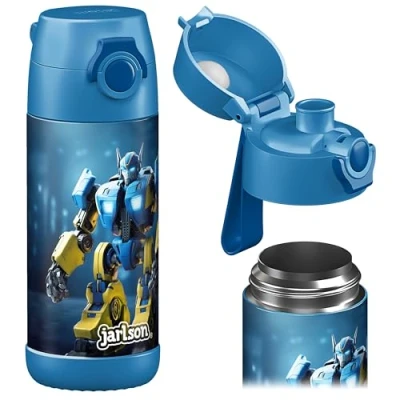 Abbildung von JARLSON® Trinkflasche Kinder &quot;MALI&quot; Thermo Edelstahl Wasserflasche BPA frei auslaufsicher Kinderflasche mit Chug Deckel Flasche für Schule, Kindergarten Roboter, 350 ml