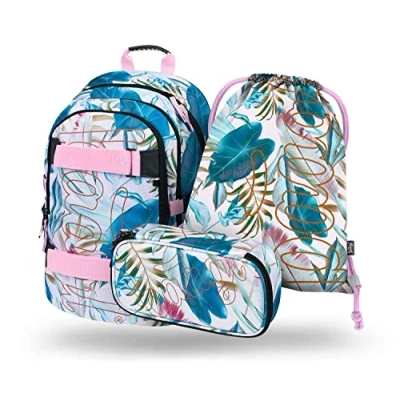 Abbildung von Baagl Schulrucksack Set Jungen Mädchen 3 Teilig, Schultasche ab 3. Klasse, Grundschule Ranzen mit Brustgurt, Ergonomischer Schulranzen (Skate Leafs)