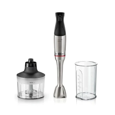 Abbildung von Bosch Stabmixer ErgoMaster Serie 6 MSM6M830, einhändig bedienbar, 4 Edelstahl Klingen verschleißfreie Keramik Kupplung,luftgekühlter Motor, mit Messbecher, Zerkleinerer, 1.200 W