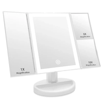 Abbildung von Auxmir Kosmetikspiegel mit LED Beleuchtung, Faltbar Schminkspiegel 1X/5X/10X Vergrößerung, Spiegel Dimmbare Helligkeit, Unterstützt USB/Batterie