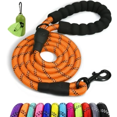 Abbildung von Taglory Hundeleine mit bequemen gepolsterten Griff, robuste zum Trainieren und Gassi gehen, 150x1.2cm Reflektierend Führleine aus weichem Nylon für große Hunde, orange
