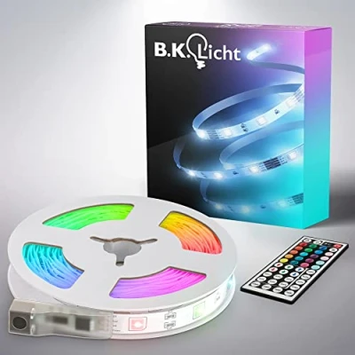Abbildung von B.K.Licht USB LED Strip 5 m mit Fernbedienung, buntes RGB Licht, dimmbar, Streifen, Leiste, Zimmer Deko, Gaming Band, Lichtleiste, Lichtband, 500x0,2x1 cm, Weiß