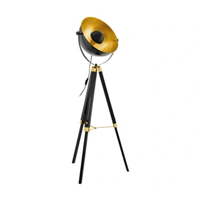 Abbildung von EGLO Stehlampe Covaleda, Stehleuchte Industrial, Vintage Standleuchte aus Holz und Stahl, Wohnzimmerlampe in Schwarz, Gold Messing, Lampe mit Schalter, E27 Fassung