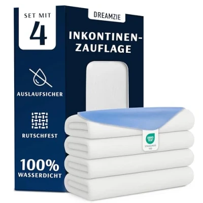Abbildung von Dreamzie Inkontinenzunterlage Waschbar 90 x 160 cm Matratzenschoner Saugfähig und Wasserdicht Inkontinenz Bettunterlage 4er Set