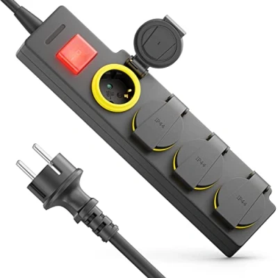 Abbildung von deleyCON 4 Fach Outdoor Steckdosenleiste Stromleiste mit 1,4m Kabel für Außenbereich 4X Schutzkontaktbuchsen IP44 Spritzwassergeschützt EIN/AUS Schalter Garten Terrasse Balkon Keller Garage