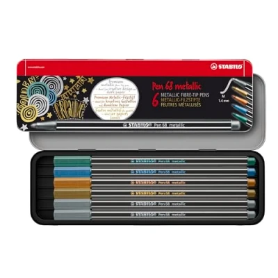 Abbildung von STABILO Premium metallic Filzstift Pen 68 6er Metalletui mit Hängelasche 2x silber, je 1x gold, kupfer, blau, grün