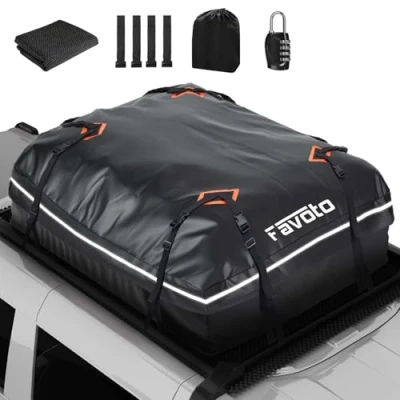 Abbildung von Favoto Dachtasche 425 L Faltbarer Dachbox Dachkoffer wasserdicht mit Antirutschmatte Türhaken Verstärkungsgurte für PKW Autos SUVS mit/ohne Gepäckträger Reisen Gepäcktransport Schwarz