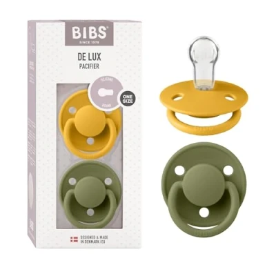 Abbildung von BIBS De Lux Schnuller 2er Pack, BPA frei, Kirschform Nippel. Silikon, Hergestellt in Dänemark. 0 36 Monate (2er Pack), Honey Bee/Olive