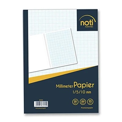 Abbildung von Millimeterpapier/Millimeterblock A4 50 Seiten Premiumpapier 95g/m² mit blauen Raster/Linien in 1/5/10mm u.a. für technische Zeichnungen