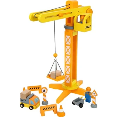 Abbildung von small foot Baukran mit Baustellenzubehör aus Holz, Spiel Set für Kinder ab 3 Jahren, 12007