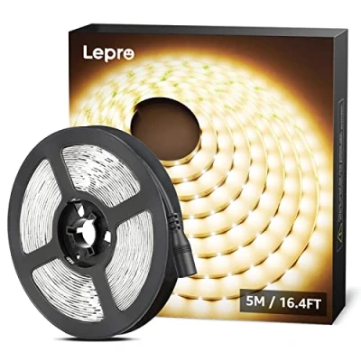 Abbildung von Lepro LED Strip Warmweiss, 5M Streifen 12V Selbstklebend, Band mit 300 Stück 2835 LEDs 2300 Lumen, 3000K Warmweiß Leiste, Weiß DIY Lichtband für Innen Heim Küche Deko, kein Netzteil