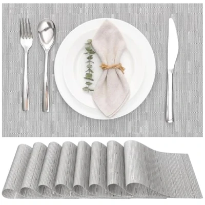 Abbildung von Myir JUN Tischsets Abwaschbar 8er Set, Gewebte Platzdeckchen rutschfest Abgrifffeste Hitzebeständig, Vinyl Platzsets für küche Speisetisch Hotel, Platz Matten 30x45cm (Silber)