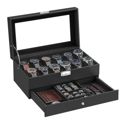 Abbildung von SONGMICS Uhrenbox, Uhrenkasten mit Glasdeckel, 2 Ebenen, für 12 Uhr, abschließbar, 1 Schublade, Ringe, Armbänder, Geschenkidee, PU Bezug in Schwarz, Innenfutter Schwarz JWB012B03
