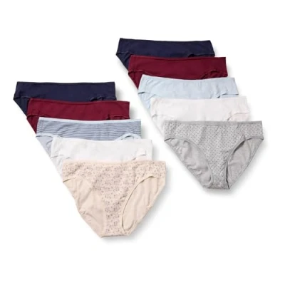 Abbildung von Amazon Essentials Damen Bikinihose aus Baumwolle (in Übergröße erhältlich), 10er Pack, Mehrfarbig/Punkte/Streifen/Streublumen, 40