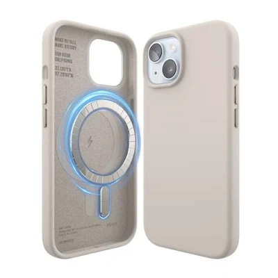 Abbildung von elago Magnetische Silikonhülle Kompatibel mit iPhone 15 Hülle, MagSafe Alles Zubehör, Integrierte Magnete, Premium Silikon, Ganzkörper Schutzhülle [5 Lagige Struktur] (Taupe)