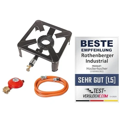 Abbildung von ROTHENBERGER Industrial Hockerkocher inkl. 1,5 m Propan Gas Schlauch &amp; Konstantregler für Camping, Outdoor, nur die Verwendung im Freien, den Anschluss an Propangasflasche 1500001392