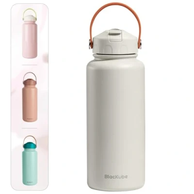 Abbildung von Blackube Edelstahl Trinkflasche mit Strohhalm 1l Thermosflasche Thermoskanne BPA Frei, Auslaufsicher, Große aus Metall