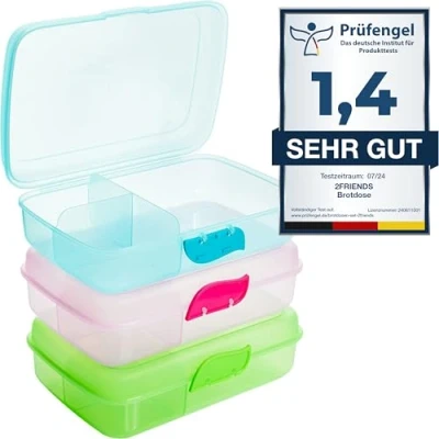 Abbildung von Brotdose Kinder mit Fächern, Brotdosen 3 Stück, Lunchbox ohne BPA, Frühstücksbox Brotzeitbox, Lunchboxen Trennfächern + Clickverschluss, 100% Recyclebar, Grün, Blau, Rosa, Model:Ane