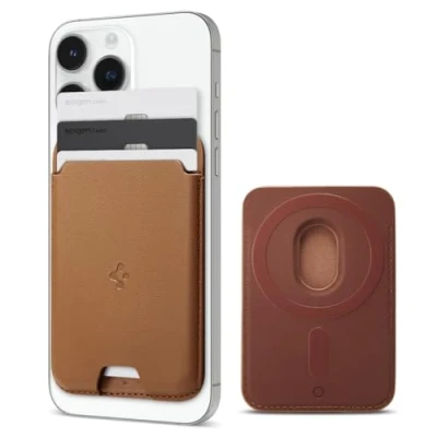 Abbildung von Spigen Valentinus MagFit Magnetischer Kartenhalter 3 Karten Kompatibel mit iPhone 16/15/14/13/12 Modelle Magsafe Wallet Braun