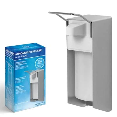 Abbildung von 1x ARNOMED Desinfektionsspender Aluminium, Seifenspender für 500ml, kurzer Armhebel, zur Wandbefestigung, Eurospender Desinfektionsmittel, Soap Dispenser, Desinfektionsmittelspender