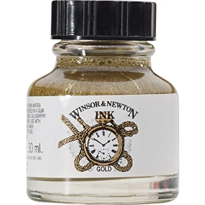 Abbildung von Winsor &amp; Newton 1010283 Drawing Inks Zeichentusche für Kalligraphen, Illustratoren, Grafikern, Künstler wasserbeständige Farben, herrvorragender Transparenz, 30ml Flasche Gold