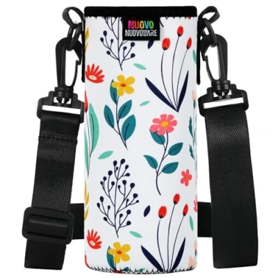 Abbildung von Nuovoware Trinkflaschenhalter, 750ml Premium Neopren Tragbare Isolierte Trinkflaschenhalter Tasche mit Verstellbarem Schultergurt, Edelstahl, Glas / Plastikflaschen, Großformat, Mehrfarbige Blumen