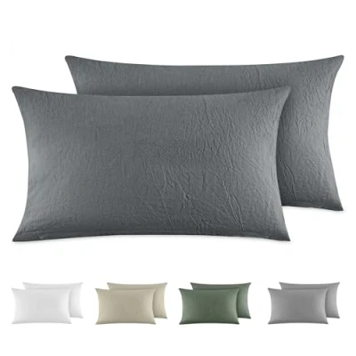 Abbildung von Dreamzie Kissenbezug 40x80 cm 2er Set 100% Gewaschene Baumwolle, Dunkelgrau, Kissenbezüge Oeko TEX Zertifiziert, Leinenoptik und Atmungsaktiv Kissenhülle, Kopfkissenbezug mit Reißverschluss