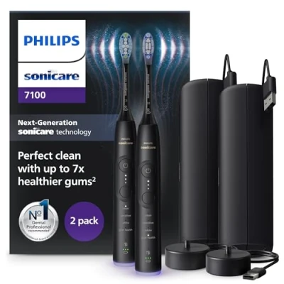 Abbildung von Philips Sonicare 7100 elektrische Zahnbürste, Schallzahnbürste mit App, 4 Putzmodi und 3 Intensitätsstufen, Andruckkontrolle, EasyStart, SmarTimer BrushPacer, Schwarz, 2er Pack, Modell HX7429/03