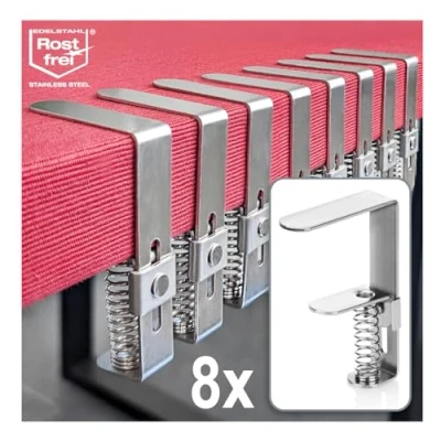 Abbildung von com four® 8X Premium Tischdeckenklammer aus Edelstahl Tischklammern mit Feder für Tische Einer Stärke von 2,7 5,5 cm Tischtuchklammer rostfrei drinnen und draußen